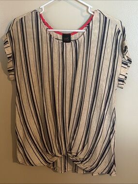 W5 Cream and Navy Striped Front Knot Short Sleeve Blouse